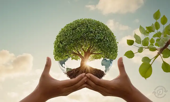 Árboles interconectados 3D creciendo fuera de un globo, simbolizando el crecimiento, la sostenibilidad y la unidad; personas de diversos orígenes que tienen manos alrededor de los árboles, representando la inclusividad y la responsabilidad social; un sendero débil de hojas o pétalos que conducen a un futuro brillante por delante, insinuando el progreso y la esperanza