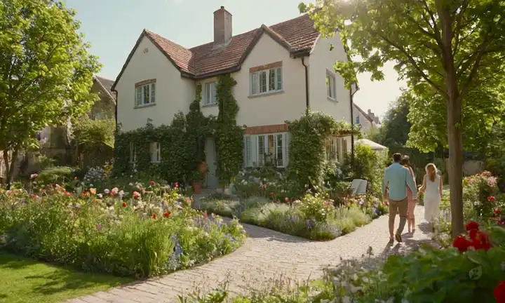 Casa 3D, familia moviéndose, jardín con flores, personas sonriendo, sol, árboles, vegetación, sensación de comunidad, arquitectura inclusiva, diversa demografía, vida sostenible, energía renovable, características ecológicas