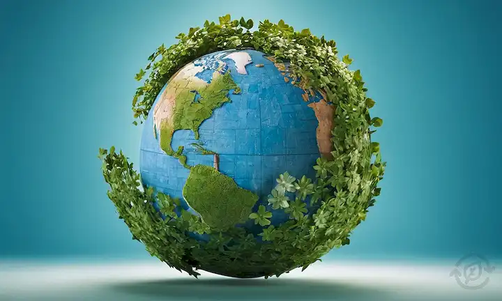 Globo 3D con piezas de rompecabezas entrelazadas, hojas verdes y flores creciendo fuera de ellas, representando la armonía entre sostenibilidad ambiental y social, con gráficos financieros sutiles o gráficos en el fondo, insinuando la inversión responsable, todo en contra de un gradiente azul o verde suave para evocar confianza y esperanza