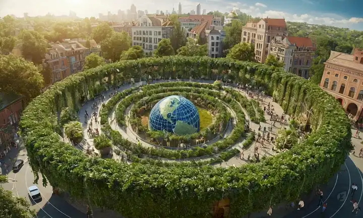 Globo 3D con hojas, árboles y viñas creciendo de ella, rodeado de diversos grupos de personas, plantas de dinero y edificios ecológicos, todos conectados por círculos y líneas interconectadas