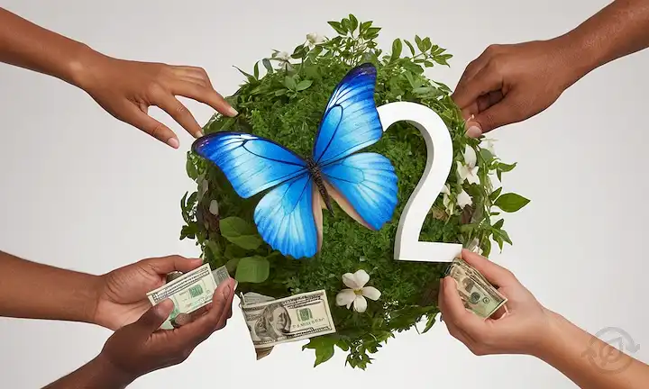 Globo 3D con vegetación y gente de diversos orígenes, manos que sostienen piezas de rompecabezas interconectadas, un árbol que crece con símbolos de moneda como hojas, una hoja estilizada o flor que florece de un gráfico o gráfico financiero, engranajes interconectados girando con iconos sociales en el centro, una mariposa que emerge de un capullo de banderas de la UE con una sonrisa sutil