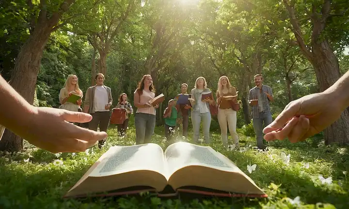 Árboles verdes 3D con gente, luz solar filtrando a través de hojas, caras sonrientes, manos temblando en un círculo, monedas y libros, cambio de marchas, tablas de crecimiento en aumento, mariposas rodeando flores