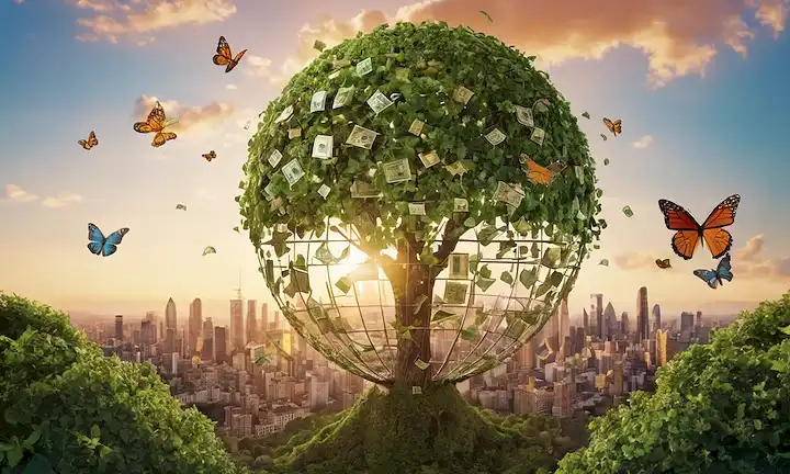 Árboles 3D con hojas hechas de signos de divisas creciendo entre los iconos de las redes sociales, un globo con redes financieras interconectadas, un arbolado hecho de símbolos energéticos sostenibles, y un patrón de efecto mariposa de hojas verdes que se extienden a lo largo de un paisaje urbano al atardecer