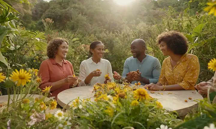 Figuras humanas 3D en diversos entornos sociales, rostros sonrientes, manos sosteniendo flores, personas de diferentes culturas y edades, nodos interconectados, patrones circulares, vegetación, hojas, ramas, frutas, mariposas, abejas, rayos del sol, un globo sutil, formas orgánicas, colores suaves, tonos cálidos