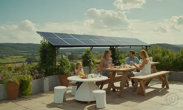 4-6 paneles solares en una azotea, con cielo azul y nubes blancas en el<center><img data-lazyloaded=