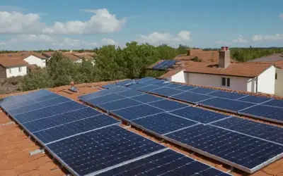 Paneles solares 3D en un techo soleado
