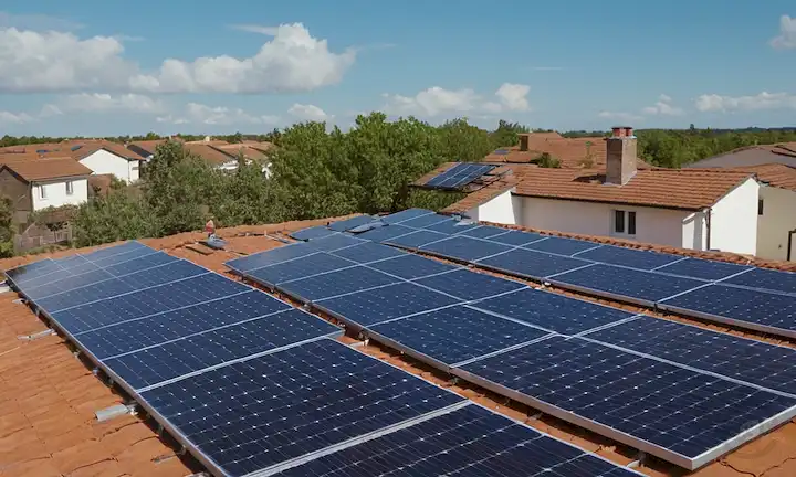 Paneles solares 3D en un techo soleado