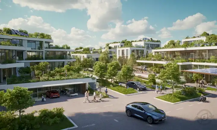 Edificios 3D con paneles solares en tejados, personas que disfrutan de espacios exteriores con vegetación, niños jugando cerca de faros solares, futurístico paisaje urbano con coches limpios de energía, y un cielo azul brillante con nubes blancas hinchadas