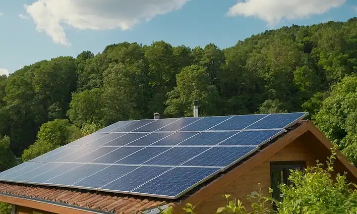 Paneles solares instalados en un techo, soleado cielo con nubes azules, vegetación o árboles en el fondo, posiblemente un vislumbre de una casa o fachada de edificio, estilo de arquitectura moderno, líneas limpias y decoración mínima, luz solar caliente reflejando fuera de los paneles solares, posiblemente un pájaro o dos volando alrededor