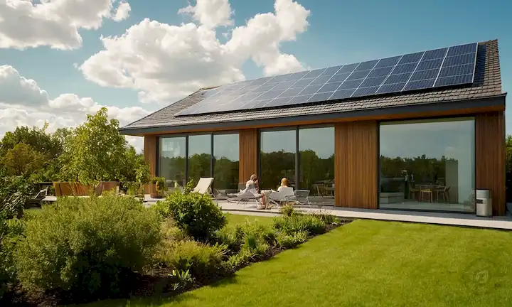 paneles solares integrados en un techo con personas que disfrutan de espacios exteriores bajo, luz solar caliente, vegetación, una fachada de casa moderna, y un cielo azul con nubes blancas hinchadas