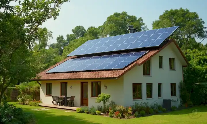Casa residencial de 2 pisos con paneles solares en el techo, calentador de agua solar en el lado, y equipo de energía solar en el patio trasero, rodeado de vegetación y cielo azul