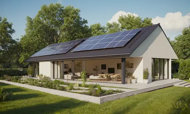 Casa 3D con paneles solares en techo, diversas formas y tamaños, diseño moderno, integración con vegetación, eficiencia energética, eco-friendly, energía renovable, futuro sostenible, renovación casera, arte de concepto arquitectónico