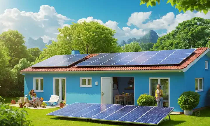 Paneles solares de techo 3D, familia sonriente bajo cielo soleado, árboles verdes, casa azul, nubes blancas, símbolos de energía solar, electrodomésticos eficientes en energía