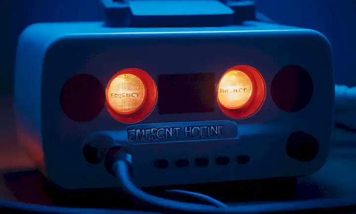Un icono de línea de emergencia confortable rodeado de luces azules brillantes y palabras de apoyo.