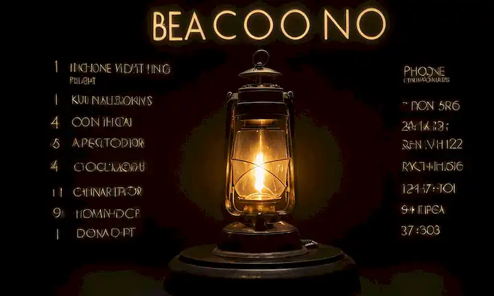 Una luz de faro sobre un fondo oscuro con números de teléfono y palabras de apoyo.