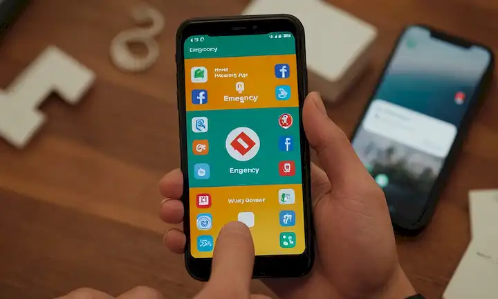 Una persona que tiene un smartphone con una aplicación de emergencia abierta, rodeada de varias plataformas en línea y un icono de ayuda.