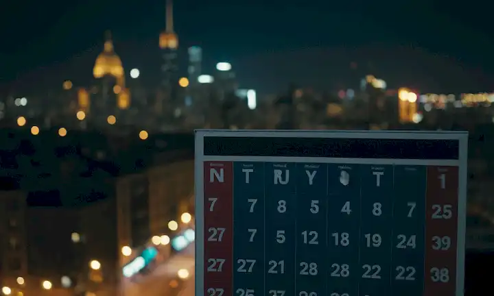 Un calendario con números de teléfono de emergencia rodeado de un paisaje urbano por la noche.