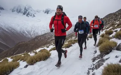 Un grupo de corredores descendiendo a los Andes Chilenos durante el invierno en temperaturas sub-ceros