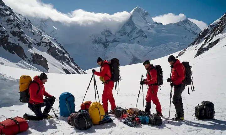 Un grupo de montañistas que se preparan para una escalada durante un invierno andino nevado, con récords y temperaturas que superan los puntos de congelación en medio de una temporada de esquí. (Traducción: La importancia de la conciencia y la acción sobre la rápida fusión en las montañas chilenas de los Andes: °C durante todo un invierno, un registro histórico.)