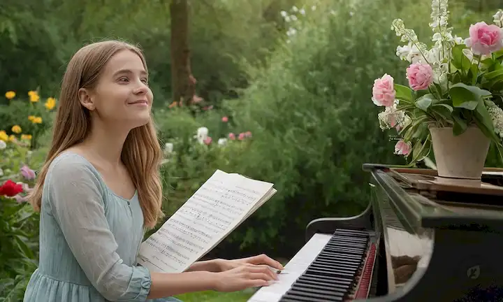 Una joven sentada en un piano, rodeada de flores, con una sonrisa en su cara, sosteniendo una hoja de música, mirando hacia arriba, y de pie frente a un hermoso jardín o bosque