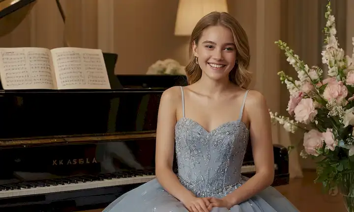 Una joven con una gran sonrisa, sentada en un piano, con un vestido fluido, rodeada de suave iluminación, con notas musicales y flores en el fondo, evocando sentimientos de alegría e inspiración
