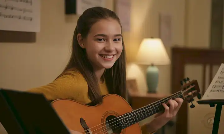 Chica joven con piano, gran sonrisa en la cara, rodeada de láminas de música, violín y guitarra inclinada contra paredes, iluminación cálida, fondo borroso con notas tenues o instrumentos musicales