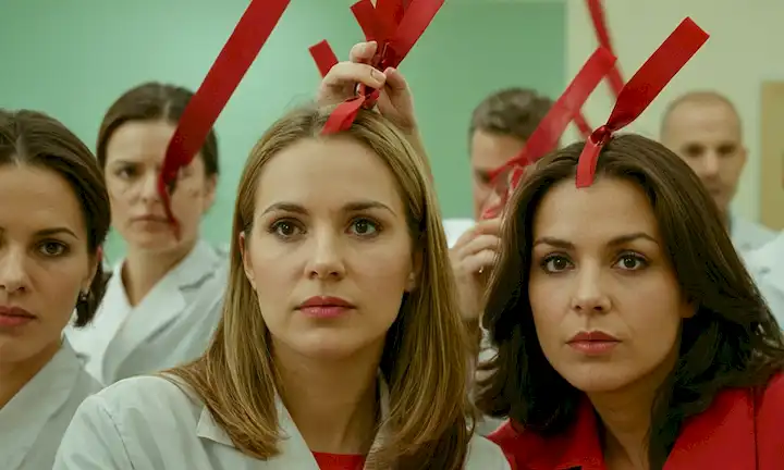 Personas con cintas rojas alrededor de sus frentes en una clínica o clínica, mostrando tubos de prueba llenos de sangre y virus del VIH, también simbolizando la gonorrea. Tenga en cuenta que este es un ejemplo genérico y no sería específico para нерентелиниханихинанихинанихитинанихинанихитинайнихиных. Las ubicaciones para pruebas gratuitas de ETS (VIH / CTI) pueden variar ampliamente y pueden depender de seguros o políticas locales.