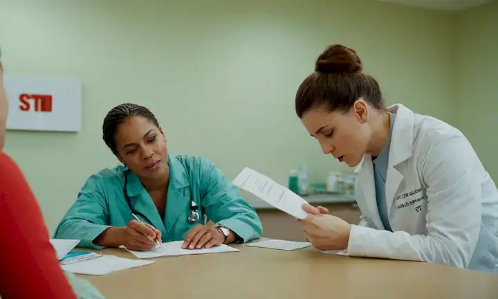 Individuals in medical clinic receiving HIV and bacterial sexually transmitted infection (STI) tests, with ETS in bold letters.