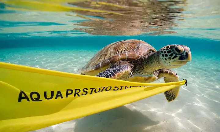 Persona snorkeling en el océano mientras llevaba una bandera amarilla con texto de protección de tortugas. El texto explica consejos de seguridad para encontrar tortugas marinas en su playa, seguido de un breve guía para ayudar a los huéspedes a cuidar de estos animales en peligro. En letras pequeñas, dice: Aquí hay un consejo básico.