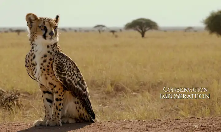 Un gryph solitario (guepard) de pie en una sabana con el título Conservación Importancia debajo de ella, acompañado por imágenes de fauna africana.