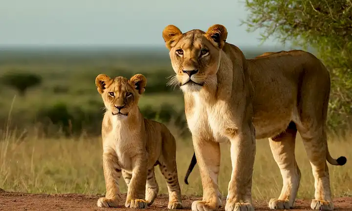 Una leona orgullosamente de pie junto a su cachorro, con una sabana africana o selva en el fondo. (En inglés: El único León genuino entre los grandes gatos)