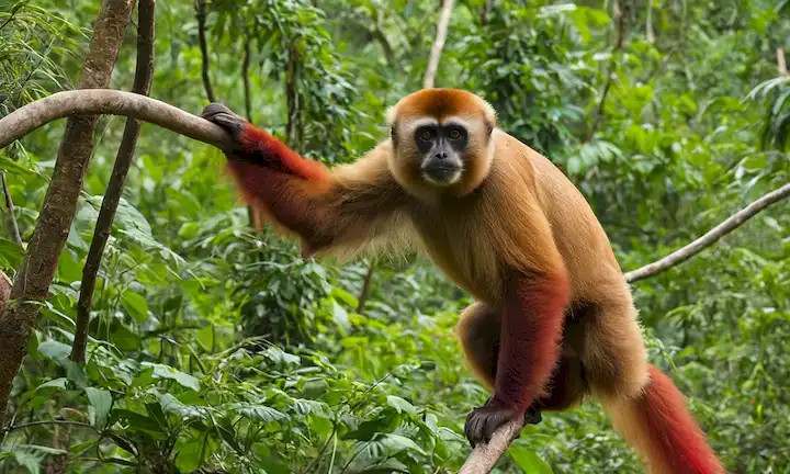 Un gibbon masculino (guepardo) con su piel roja brillante en la selva, rodeado de árboles y otra flora, mostrando su agilidad mientras intenta escapar de los depredadores.