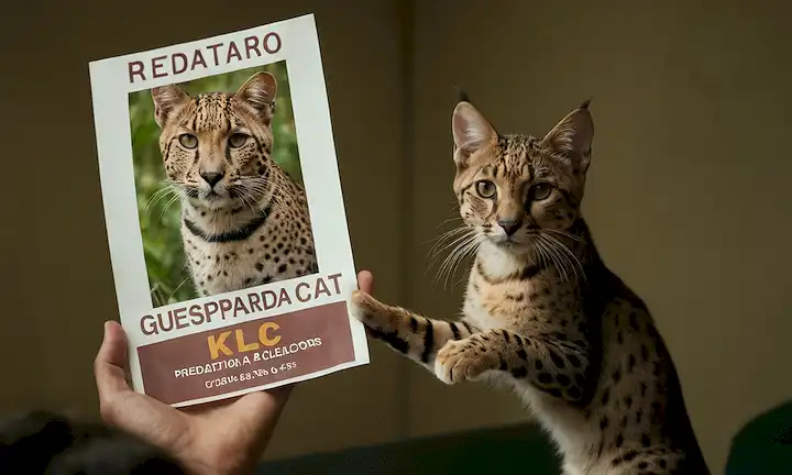 Persona sosteniendo un cartel mostrando una imagen del elusivo gato Guepardo. La frase destaca su posición única entre las grandes especies de gatos, enfatizando la clasificación y comprensión de su historia dentro de estudios depredadores.