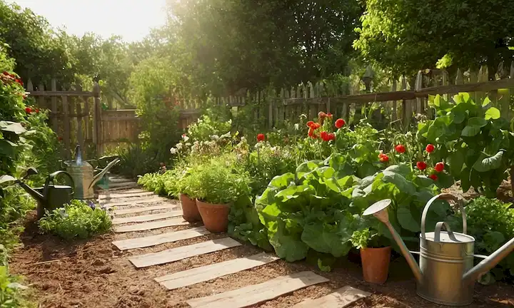 Verduras de hoja verde, fruta madura, flores de floración, luz solar filtrando a través, camino de jardín que conduce a una cerca de madera, herramientas de jardín y latas de riego esparcidas alrededor, textura de suelo terrenal, y posiblemente algunos insectos zumbando alrededor