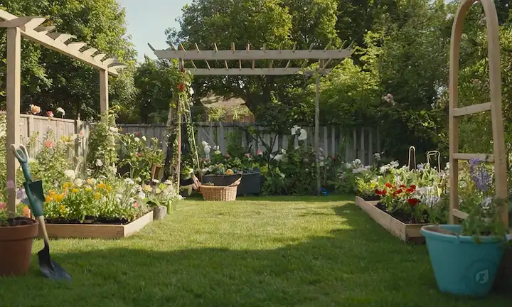 Un patio trasero soleado con una pequeña parcela de jardín, césped verde y algunas herramientas de jardinería como troleones y rakes, rodeado de flores florecientes o un trellis con vides, con una persona o plantas de riego infantil o sosteniendo una cesta de verduras recién recolectadas