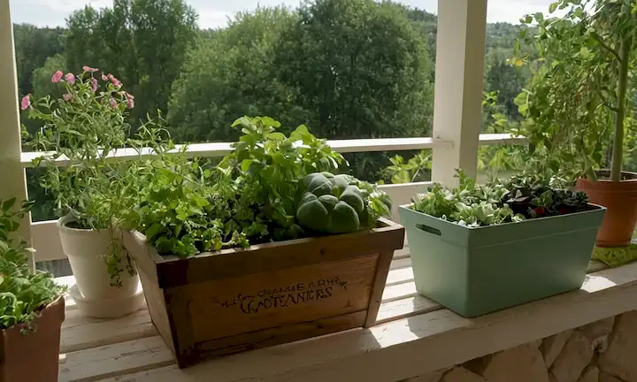 Contenedores de jardín en un balcón, varios árboles frutales, tomates y hierbas que crecen en plantadores, verdes frondosos en un trellis, suculentas en un soleado ventanal, flores coloridas en medio de plantas en maceta, caja de madera rústica rebosante con productos frescos