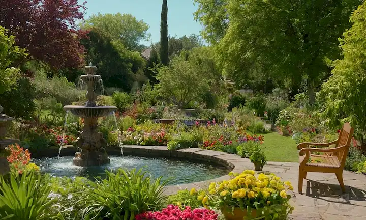Una exuberante escena de jardín con diversas frutas y verduras, flores coloridas, un fondo soleado, una persona o gente que tiende a las plantas, un banco o silla para la relajación, una característica de agua como una fuente o estanque, posiblemente algunos elementos naturales como árboles o rocas, un ambiente acogedor con mucha vegetación