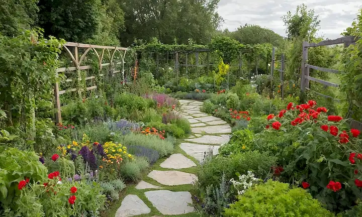 Una exuberante cama de jardín verde con flores vibrantes y verdes frondosos, unos pocos tomates madurantes en estacas de madera, un soleado fondo de colchón, un trellis cubierto de plantas de escalada, canastas llenas de productos frescos, un camino de piedra látigo que serpentea por las plantas, una cerca de madera templada o la pared que rodea el jardín
