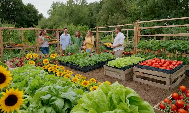 3-4 personas, sonriendo, de pie frente a un exuberante y diverso jardín vegetal con una mezcla de colores brillantes, incluyendo lechuga de hoja verde, tomates rojos, girasoles amarillos, y flores vibrantes, rodeadas de trellises de madera o cerrojo, con algunas cestas o contenedores llenos de productos frescos dispersos alrededor