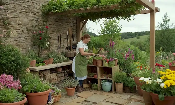 3-4 verduras de colores, hierbas rodeadas de flores, mujer en elantal que tiende a plantas con herramientas de jardinería, posiblemente un pequeño árbol o arbusto en la esquina, piedra natural o fondo de madera