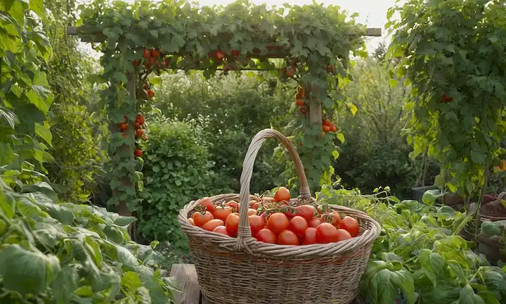 Viñas envueltas alrededor de un trellis, una cesta llena de tomates recién cosechados, exuberantes plantas de hoja verde con cultivo de frutas en ramas, macetas de hierbas y flores, un niño pequeño o mascota cerca de las plantas, luz solar filtrando a través de hojas, flores coloridas floreciendo