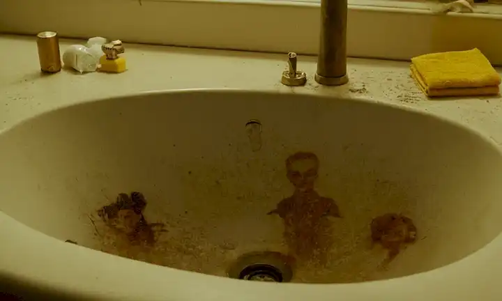 Puerta cerrada en lavabo de baño después de correr mierda, con caras angustiadas de personajes involucrados. (Para el contexto, esto implica un estudio de investigación o estudio de caso sobre la superación de olores desagradables de métodos de eliminación de aguas residuales inadecuadas)