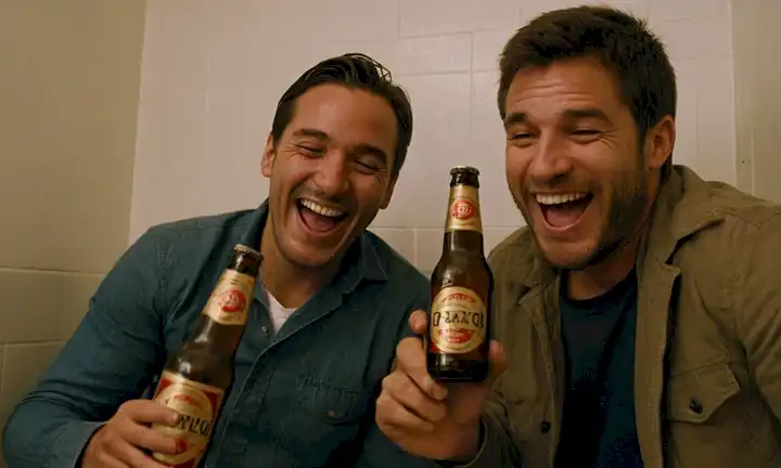 Dos hombres se reían juntos por una broma compartida, y una botella de cerveza que se abrió con el tradicional gesto de pencho. La frase hace referencia a las normas culturales en torno a preservar la privacidad y la tradición del inodoro. Una posible interpretación podría ser cómo esta costumbre representa la solidaridad o la resistencia a los modales modernos en algunas partes de la sociedad.