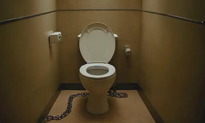 Inodoro inteligente con capacidades de limpieza autónomas, mientras se abre una cadena para revelar una razón incómoda para dejar el asiento abajo.
