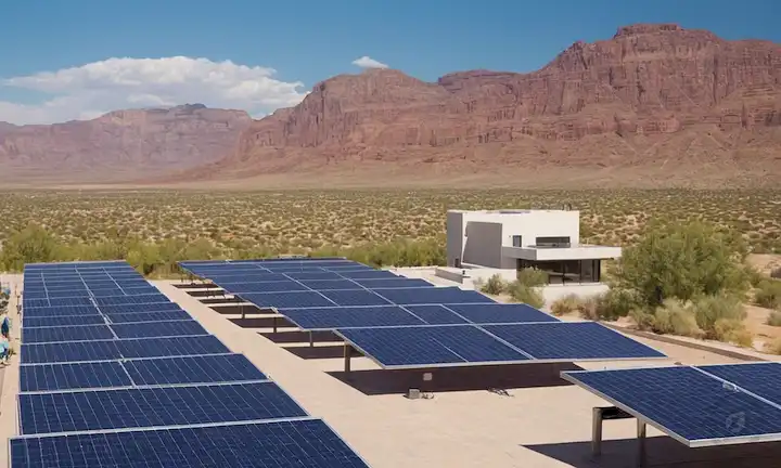 Paneles fotovoltaicos en tejados, matrizs de energía solar en un paisaje desierto, gente que sostiene sombrillas solares, paneles solares integrados en arquitectura, un día soleado con nubes, un cielo azul, un paisaje urbano con espacios verdes, infraestructura de energía renovable, instalaciones solares de aspecto futurista, una visión de energía limpia
