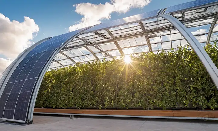 Paneles solares sobre un lienzo móvil, superficie flexible y curvada, tela fotovoltaica, generación de energía solar, marco acolchado, ángulos ajustables, estructura móvil, diseño innovador, integración con edificios existentes, integración arquitectónica, concepto futurista, cielo azul, nubes blancas, rayos solares, vegetación, paisaje urbano
