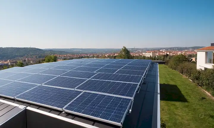 Un paisaje soleado, un sistema de toldo fotovoltaico instalado en un edificio, un plano de paneles solares, un paisaje urbano con techos de energía solar, una escena futurista con integración energética sostenible, un hermoso día con cielo azul claro y sol brillante, una representación minimalista de la energía de energía renovable
