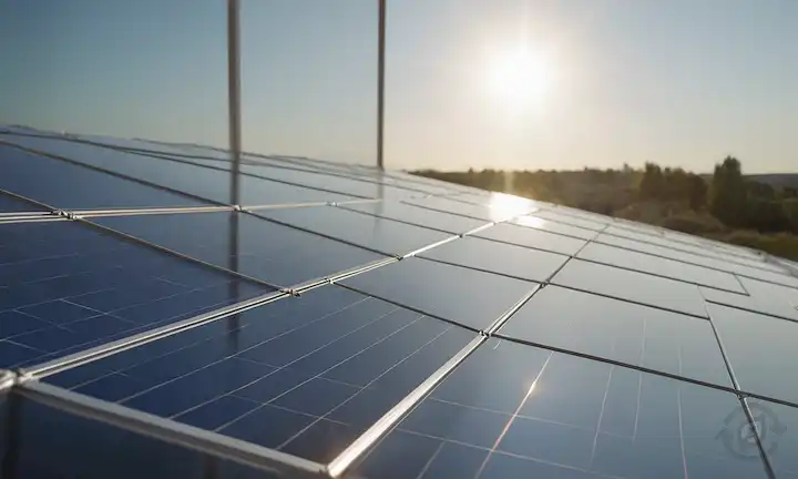 Paneles solares 3D con formas curvas, módulos interconectados en una superficie transparente, luz solar reflectante, marco de metal en el fondo, diseño flexible y delgado, afeitado sutil para el contraste, colores naturales dominantes