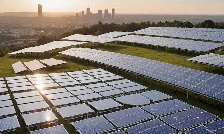 Paneles fotovoltaicos 3D sobre una estructura flexible de celosía, con células solares absorbiendo la luz solar, módulos interconectados formando un material tipo tela, capas transparentes y translúcidas que reflejan los rayos solares, un paisaje urbano futurista o fondo industrial, innovación en tecnología de la energía limpia, arquitectura sostenible, edificio verde, diseño innovador