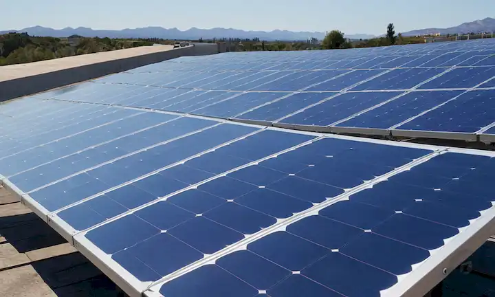 paneles solares, células fotovoltaicas, wafers de silicio, conexiones eléctricas, diseño de módulos, marco y sistema de montaje, apariencia templada, escenario exterior, cielo soleado, horizonte azul, efectos de sombra sutil